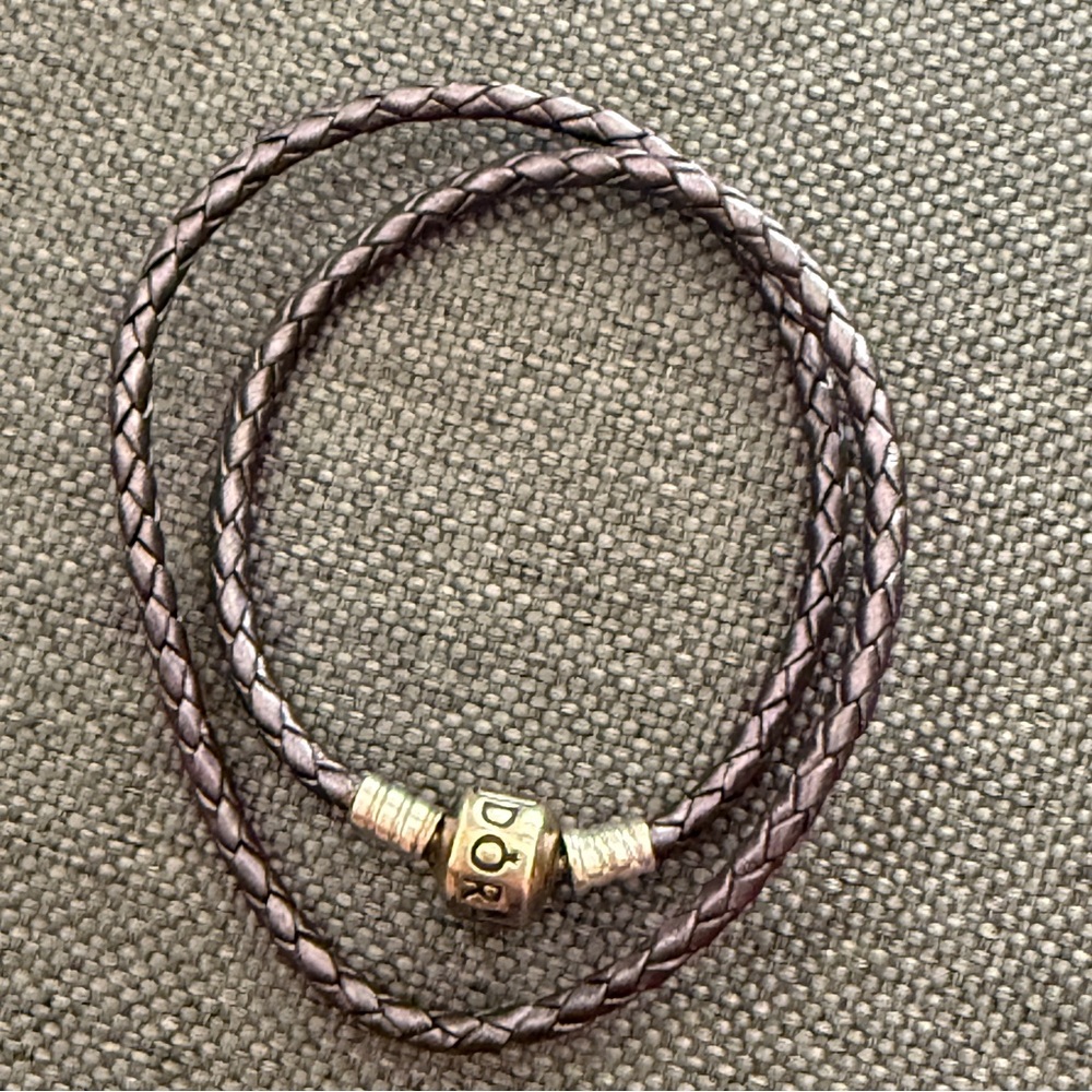PANDORA Purple Double Leather Silver Barrel Clasp Charm Bracelet 13.8 Inch Xs/s